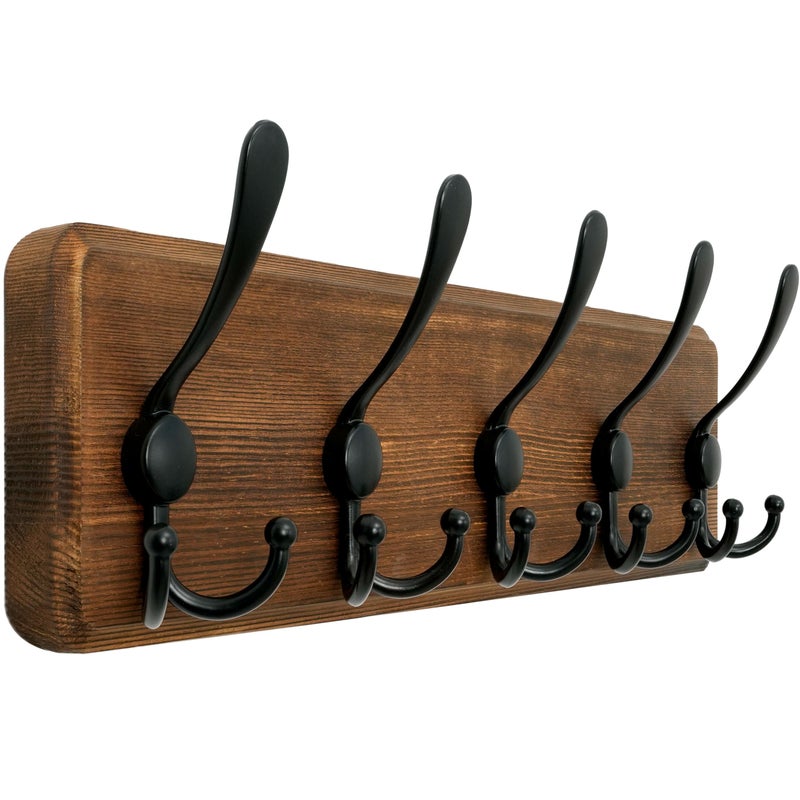 WEBI Rustic Coat Rack Wall Mount,Solid Wood Coat Hooks Wall Mounted Coat Hanger,16" Hole to Hole,Hook Rack Rail,5 Triple Hooks for Hanging Coats,Jacket,Clothes,Brown - Image 1